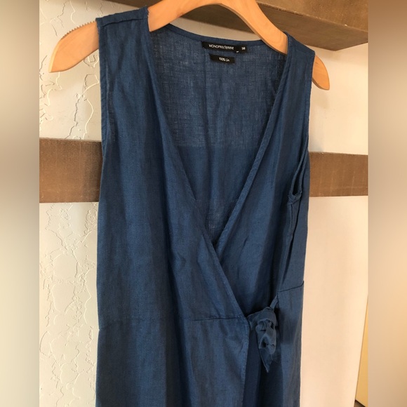 Blue Linen true wrap midi dress, sleeveless•••Large, Monoprix Femme—Feminine - Picture 5 of 9